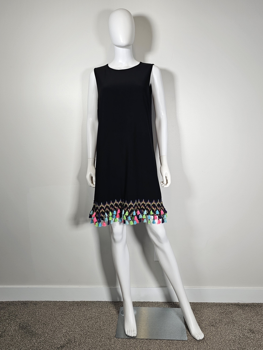 Joseph Ribkoff Black Sleeveless Shift Dress with Multicolor Tassel Hem Sz 12